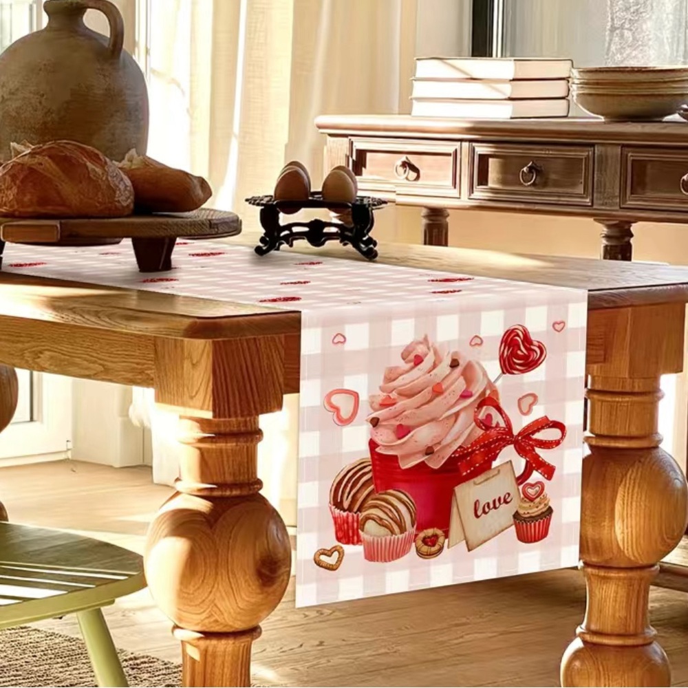 New Valentines Day Pink Plaid Cupcake Candy Hearts Table Runner 13x72 Mantel - Picture 4 of 6